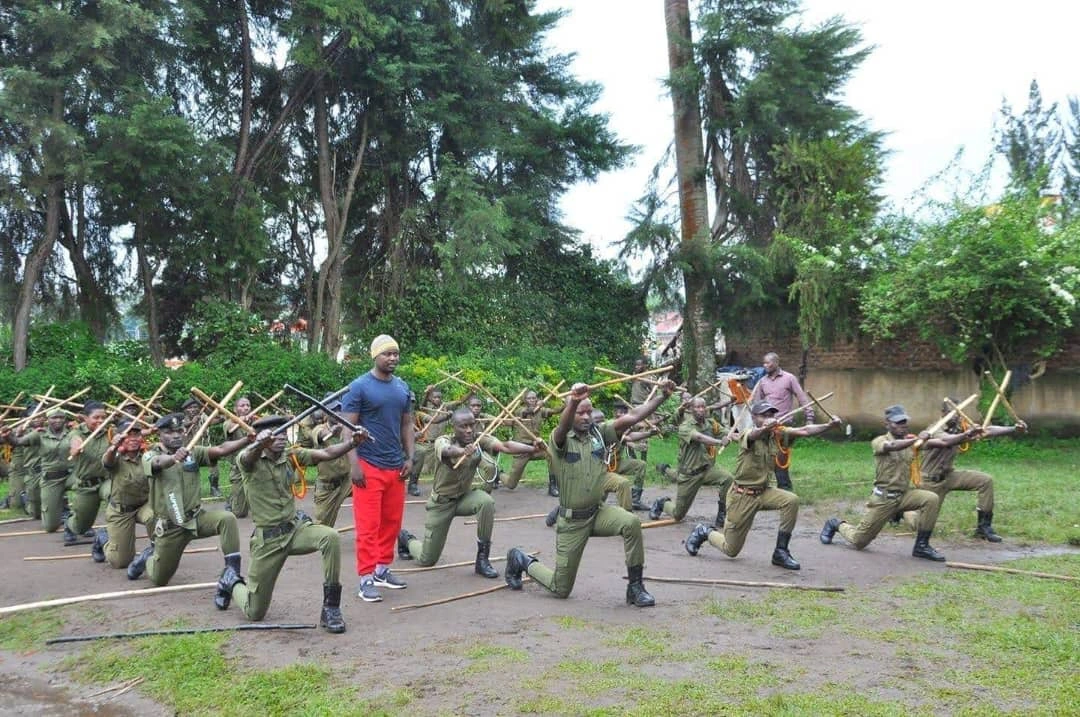 Martial arts training with uniformed group